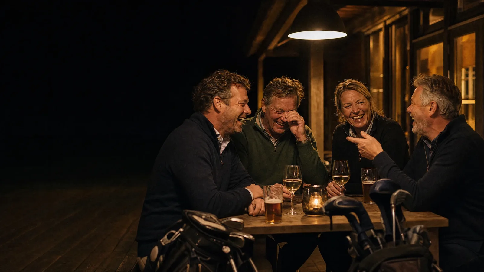 Deelnemers rond een tafel op het terras na afloop, golftassen ertegenaan